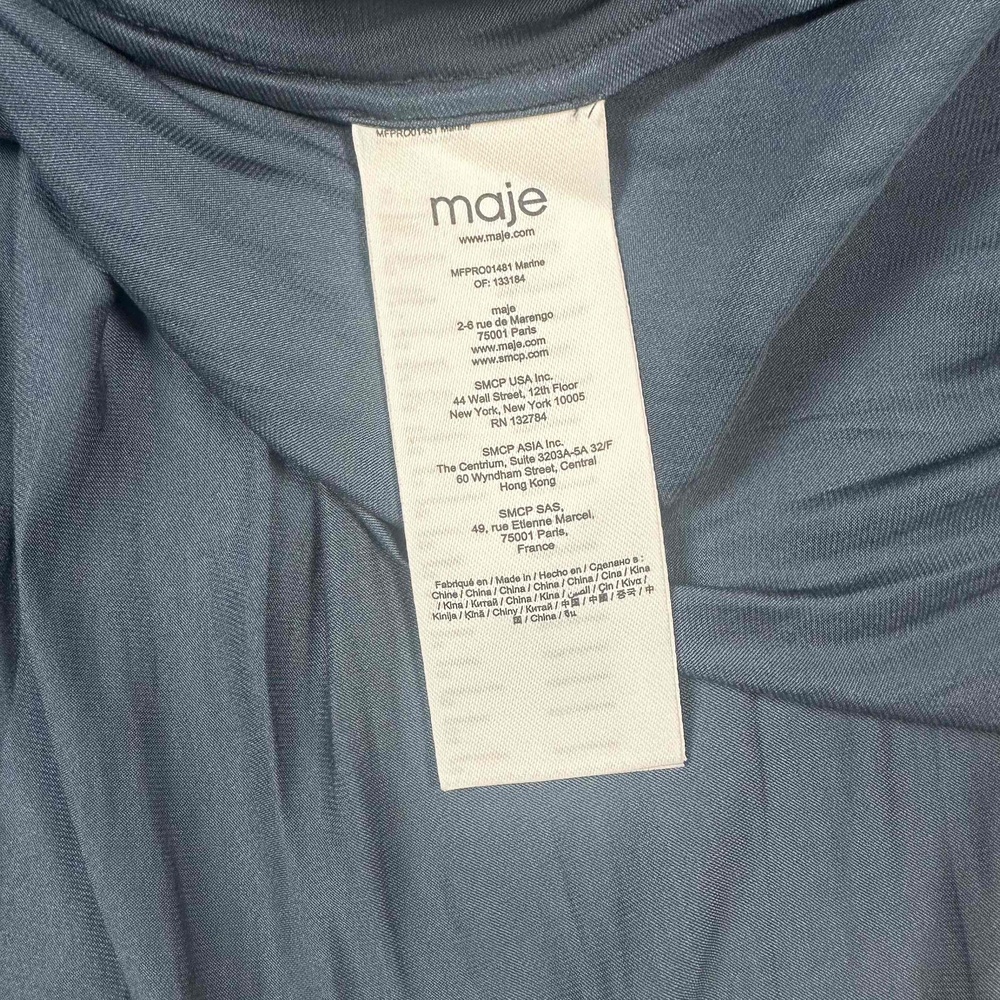 Maje Rianne Navy Satin Mini Dress Ruffled V Neck Long Sleeve Size 36 US 4 - Picture 9 of 9